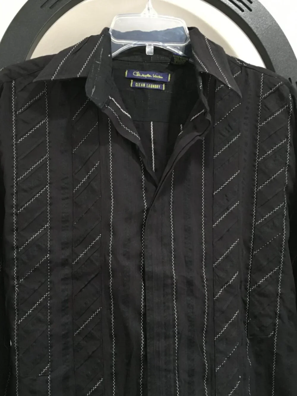 CLEAN LAUNDRY CHRISTOPHER WICKS Black Eggshell Woven Striped French Cuff Shirt